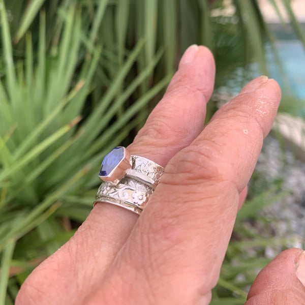 Bague topaze bleue en argent 925, bague spinner, bague cercueil