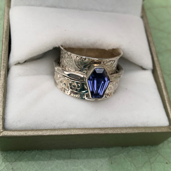 Bague topaze bleue en argent 925, bague spinner, bague cercueil