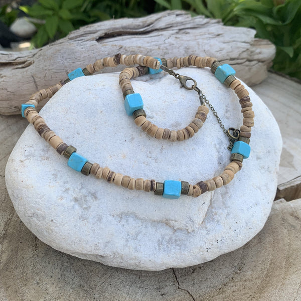 Choker Turquoise, tour de cou perles coco et turquoise naturelle