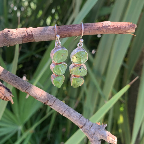 Silver raw peridot earrings