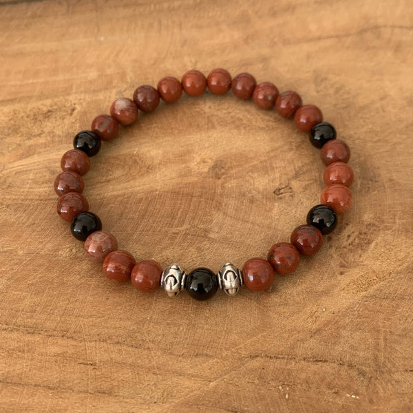 Bracelet in red jasper and black tourmaline, men's bracelet