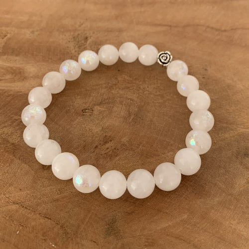 Bracelet pierre de lune authentique, Moonstone, avec une rose, pierre de naissance de juin