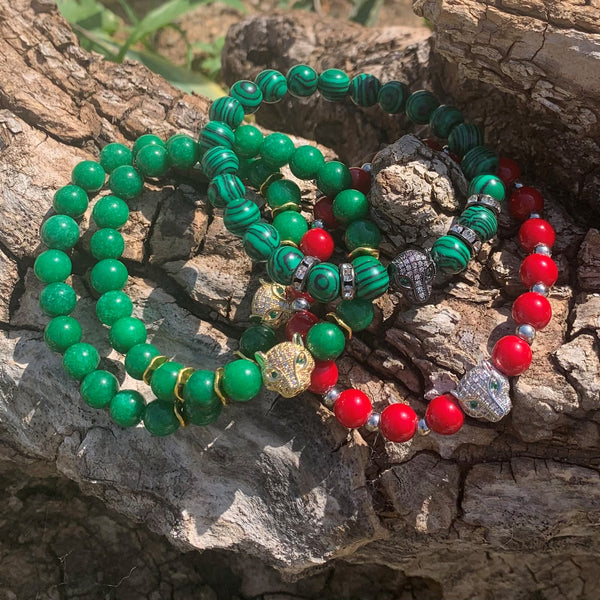 Bracelet panthère zircon, corail, jade, malachite "le wildlife"