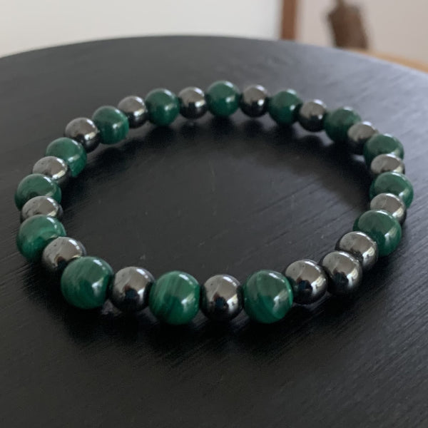 bracelet malachite naturelle ET croix hématite, le bracelet lithothérapie anti-douleur