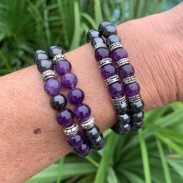 Amethyst and hematite bracelet, unisex model