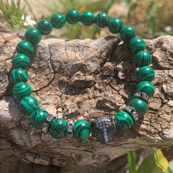 Bracelet panthère zircon, corail, jade, malachite "le wildlife"