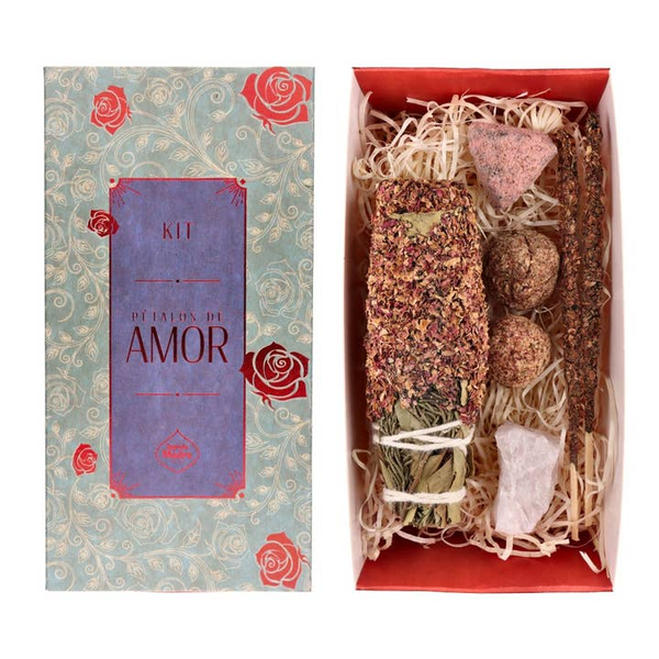 Coffret d'encens pétales de rose, bâtons d'encens et quartz rose