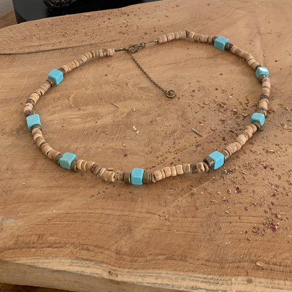 Choker Turquoise, tour de cou perles coco et turquoise naturelle