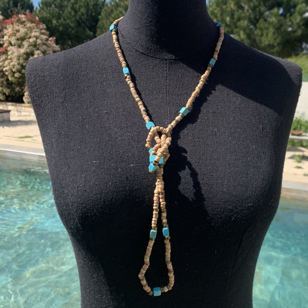 Long collier turquoise et perles de coco, sautoir pour femme