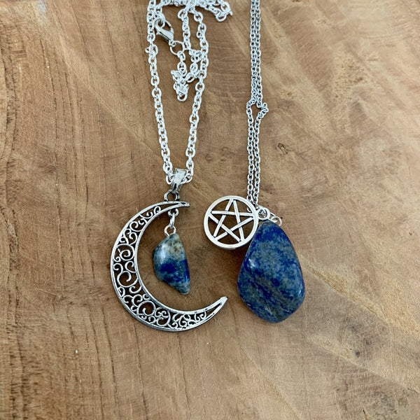 Collier Pentacle ou Demi-Lune avec Lapis Lazuli, cadeau Ado