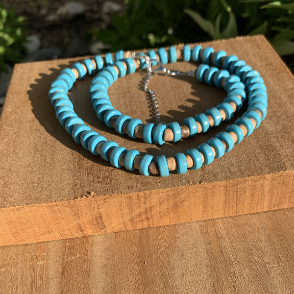 Choker Turquoise, tour de cou perles coco et turquoise naturelle