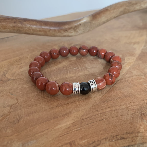 Bracelet in red jasper and black tourmaline, men's bracelet