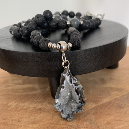 Collier obsidienne noire et pendentif tourmaline noire naturelle, fait main, collier de protection