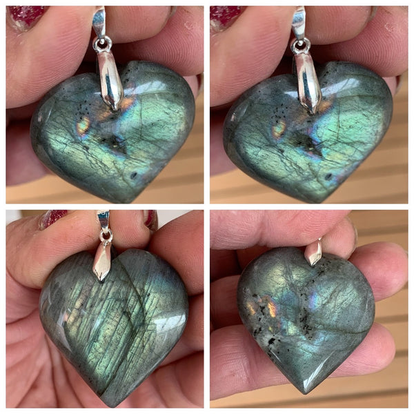 Pendentif cœur labradorite de qualité exceptionnelle, coeur en labradorite