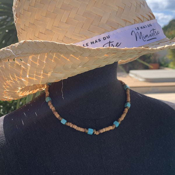 Choker Turquoise, tour de cou perles coco et turquoise naturelle