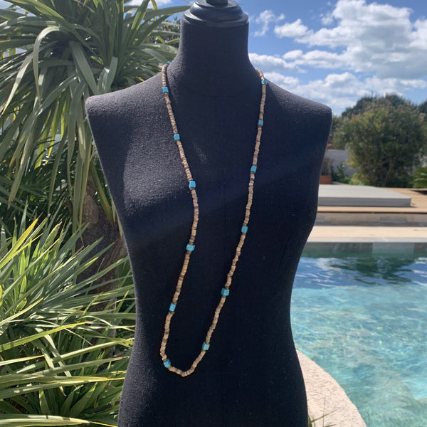 Long collier turquoise et perles de coco, sautoir pour femme