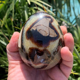 Septarian egg, œuf de septaria et de calcite jaune de 534g