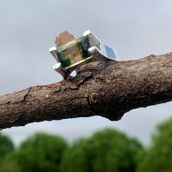 Bague en tourmaline verte en argent massif 925, bague chevalière homme