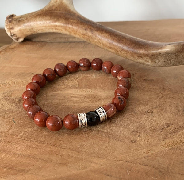 Bracelet in red jasper and black tourmaline, men's bracelet