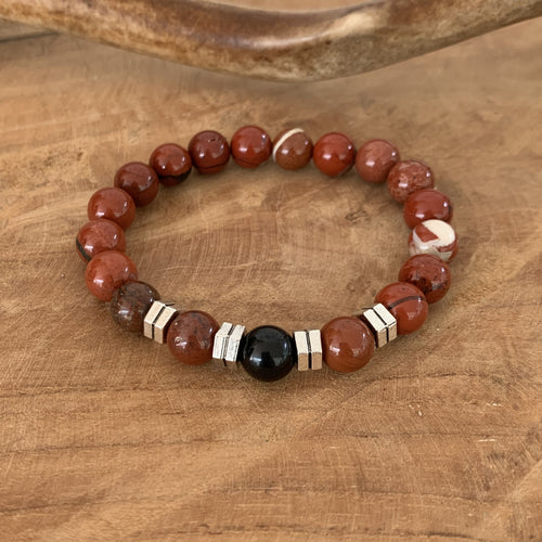 Bracelet en jaspe rouge et tourmaline noire, bracelet homme