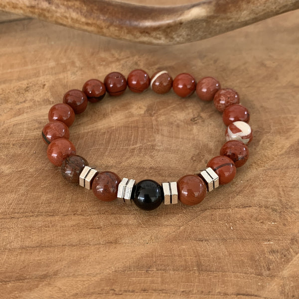 Bracelet in red jasper and black tourmaline, men's bracelet