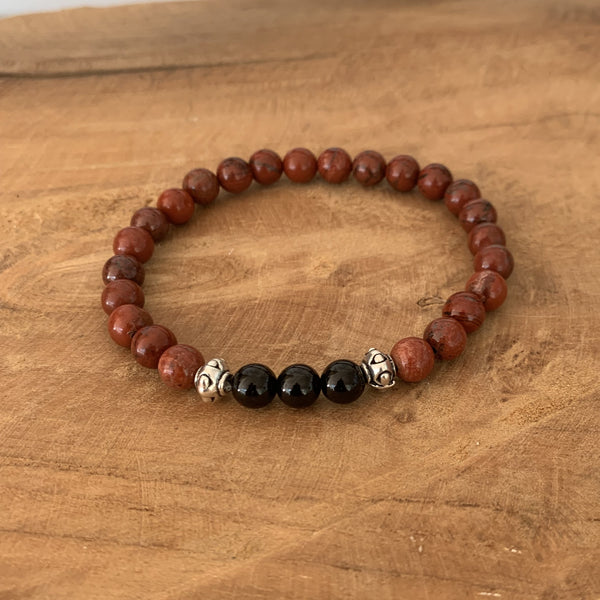 Bracelet in red jasper and black tourmaline, men's bracelet