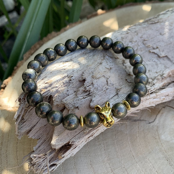 Bracelet en pyrite naturelle, bracelet en pierre et tête de tigre pour homme